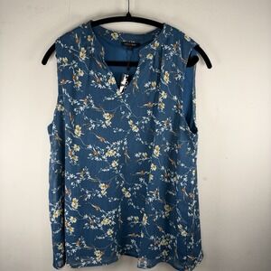 Papermoon New Split Neck XL Teal Floral Sleeveless Blouse Top Nw Cottagecore